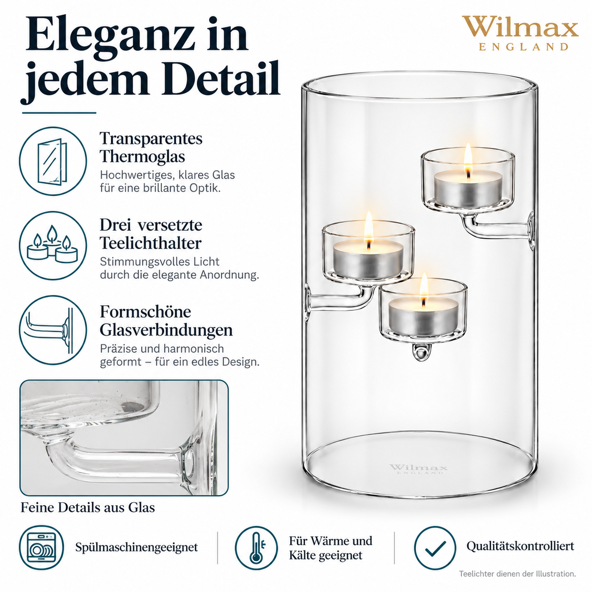 Wilmax Teelichthalter für 3 Teelichter 20 cm Transparent Glas – Anwendungs- oder Detailansicht; Lieferumfang: 1 Stück