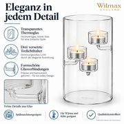 Wilmax Teelichthalter für 3 Teelichter 20 cm Transparent Glas – Anwendungs- oder Detailansicht; Lieferumfang: 1 Stück