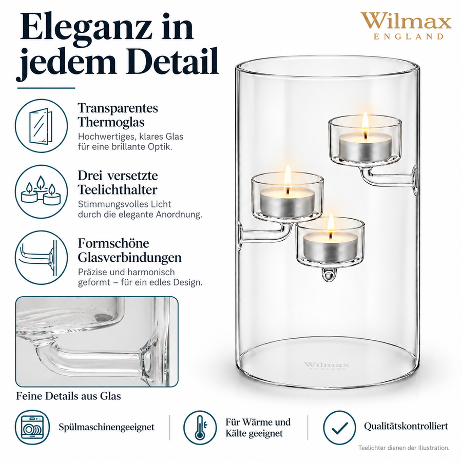 Wilmax Teelichthalter für 3 Teelichter 20 cm Transparent Glas – Anwendungs- oder Detailansicht; Lieferumfang: 1 Stück