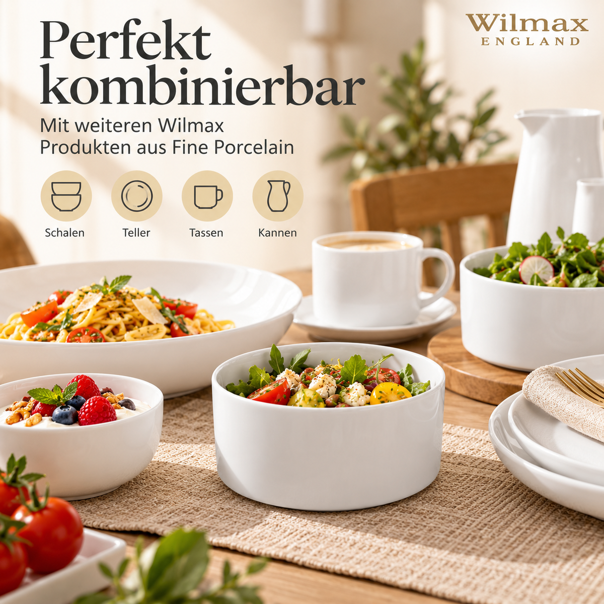 Wilmax Schale 20 cm 2630 ml Weiß Porzellan – Anwendungs- oder Detailansicht; Lieferumfang: 1 Stück