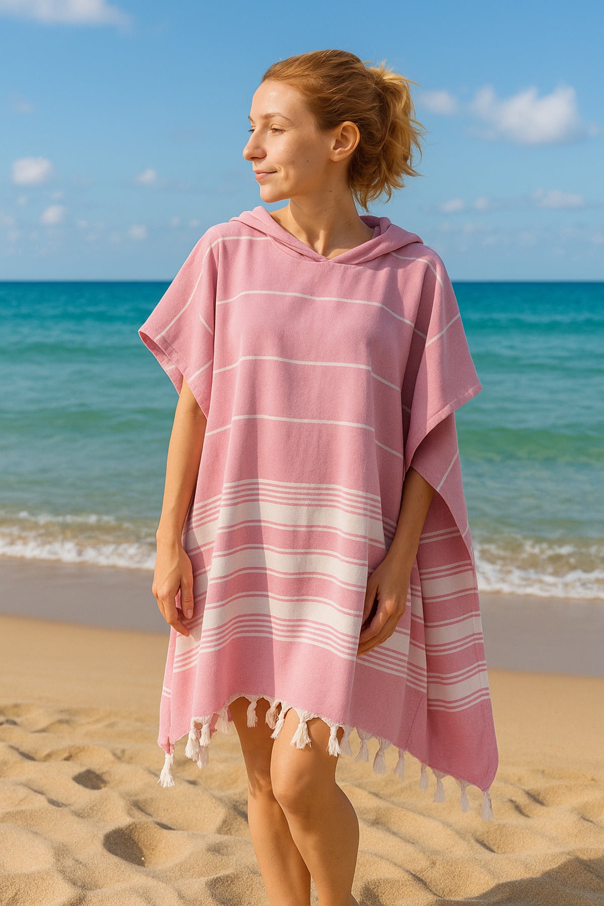 Rosa Poncho Bademantel S/M mit schlichter Form für Badezimmer, Reise und Strand