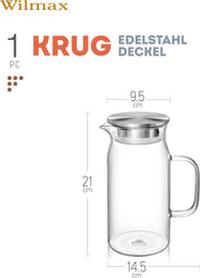 Wilmax Krug 1000 ml mit Edelstahldeckel Transparent Thermoglas – Anwendungs- oder Detailansicht; Lieferumfang: 1 Stück