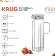 Wilmax Krug 1500 ml mit Edelstahldeckel Transparent Thermoglas – Anwendungs- oder Detailansicht; Lieferumfang: 1 Stück
