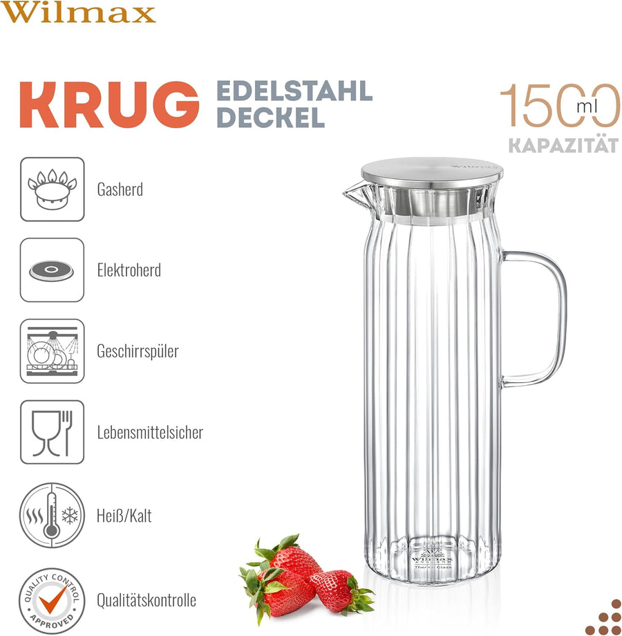 Wilmax Krug 1500 ml mit Edelstahldeckel Transparent Thermoglas – Anwendungs- oder Detailansicht; Lieferumfang: 1 Stück