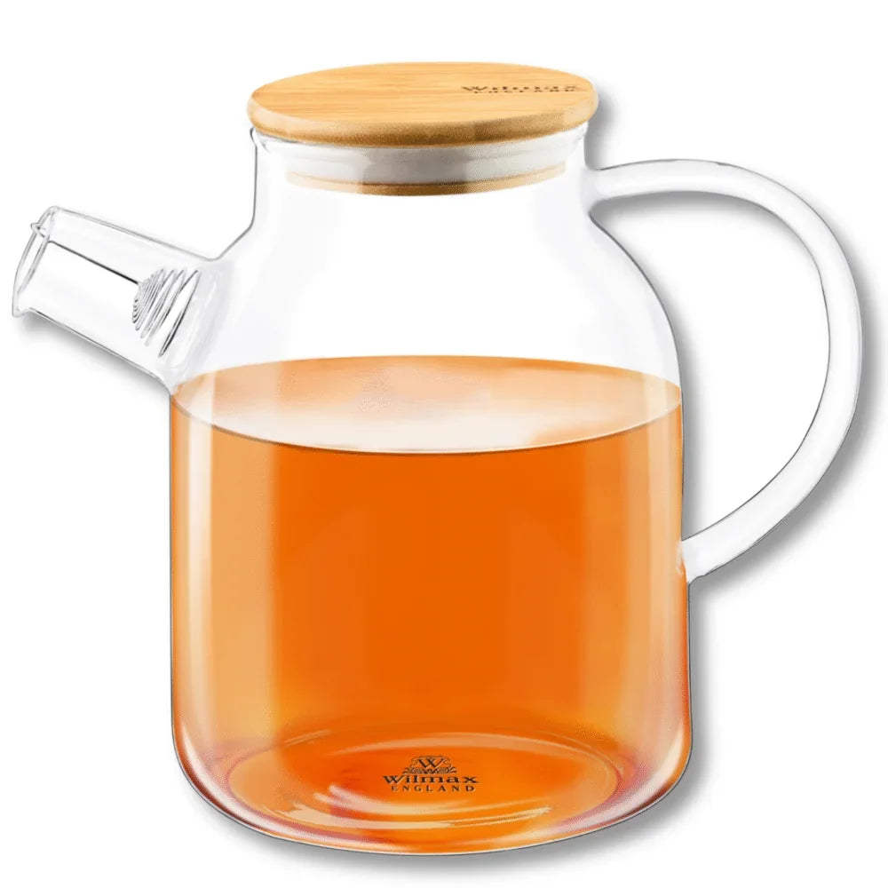 Wilmax Teekanne 1600 ml mit Federfilter und Bambusdeckel Transparent Thermoglas – Produktansicht; Lieferumfang: 1 Stück