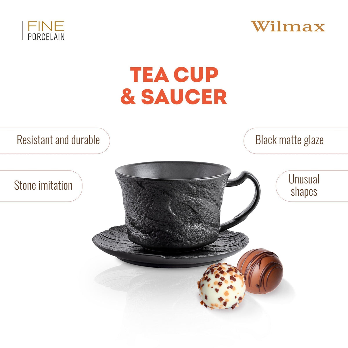 Wilmax Tasse mit Untertasse 250 ml 2er-Set Schwarz Porzellan – Anwendungs- oder Detailansicht; Lieferumfang: 2 Tassen mit 2 Untertassen