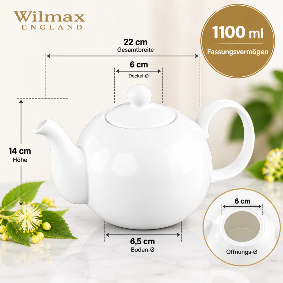 Wilmax Kaffee- und Teekanne mit Ausgusssieb 1100 ml Weiß Porzellan – Anwendungs- oder Detailansicht; Lieferumfang: 1 Stück