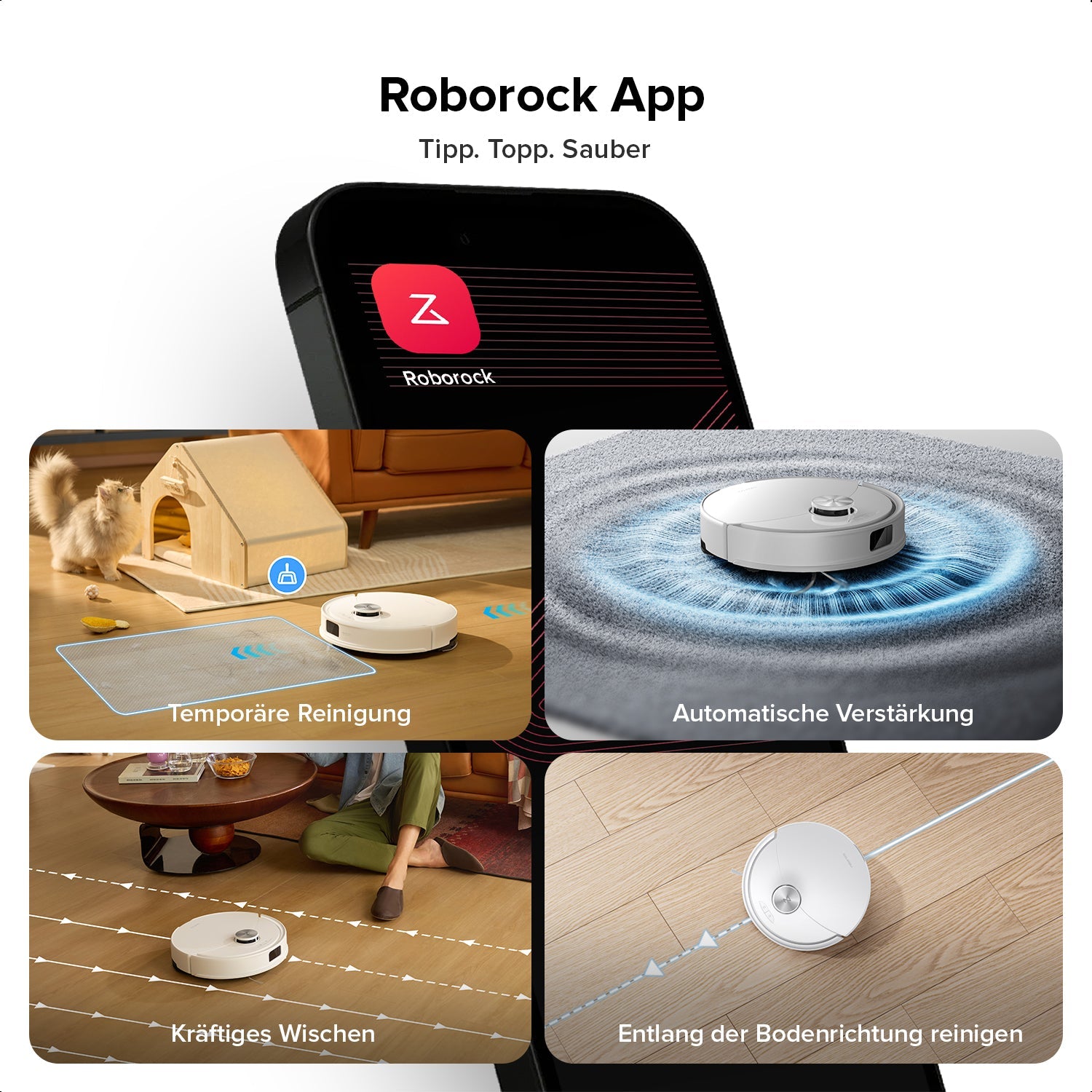 Roborock Q10 S5 weißer Saugroboter reinigt Hartboden in moderner Wohnung