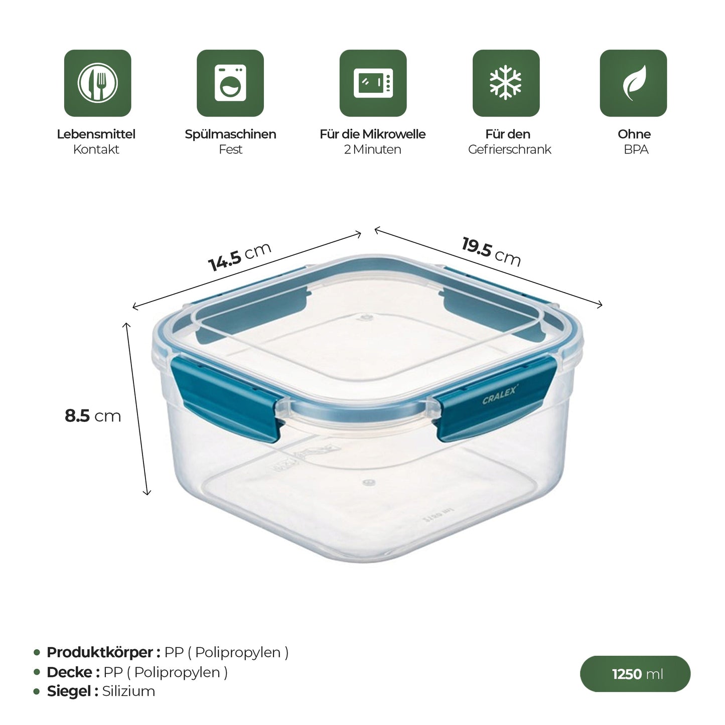 Vorratsdose 1,25 L mit blauem Deckel für Küche und Meal Prep