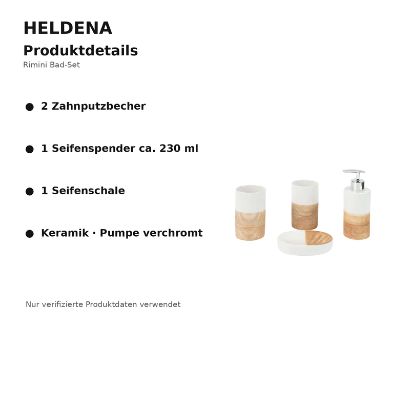 HELDENA Rimini Bad-Set – Detailgrafik mit Produktmerkmalen aus Keramik