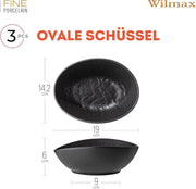 Wilmax Ovale Schale 19 × 15 × 6 cm 3er-Set Schwarz Porzellan – Anwendungs- oder Detailansicht; Lieferumfang: 3 Stück