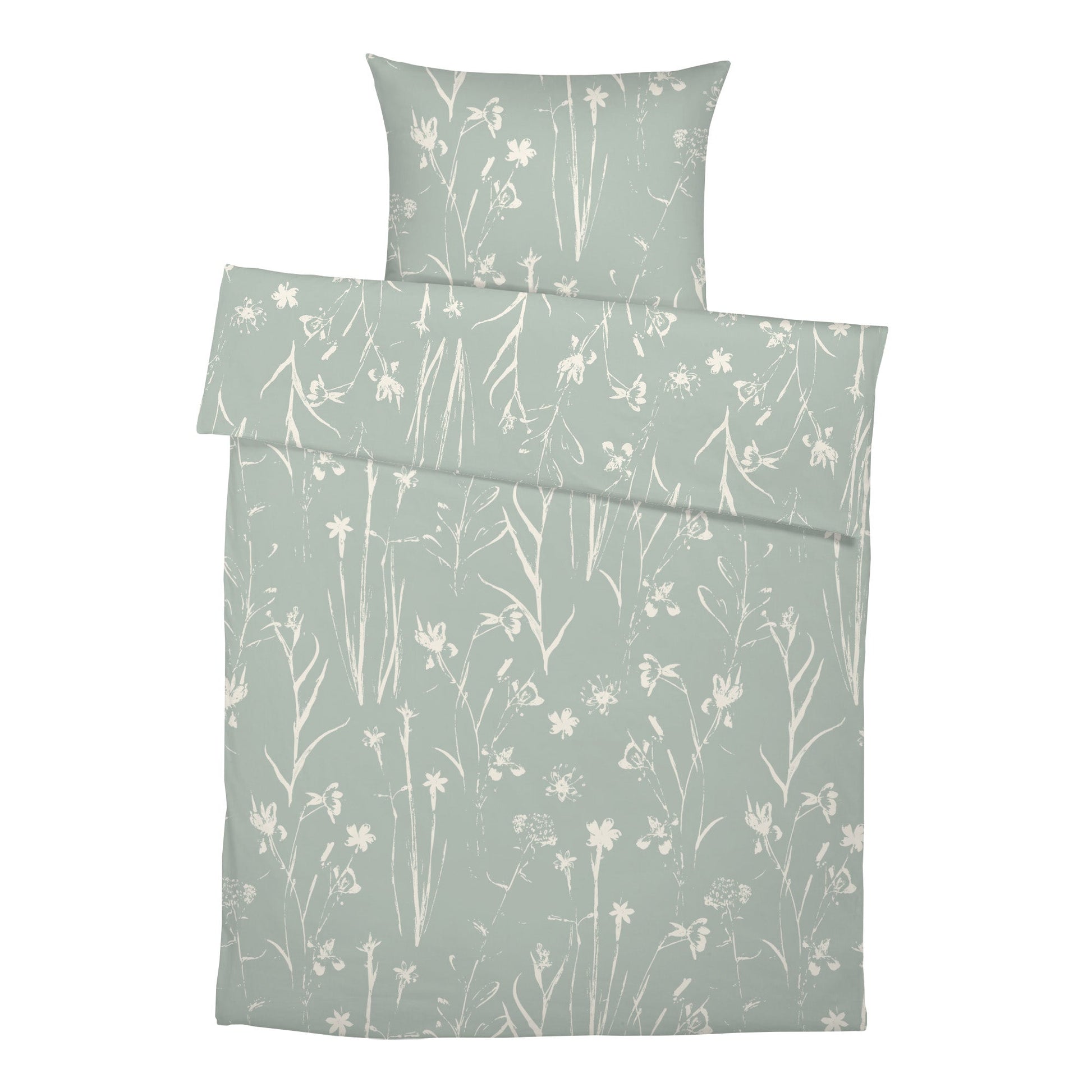 Komplettes Set „Grüne Wiese": Bettbezug und Kissenbezug mit Boho-Blumenmuster