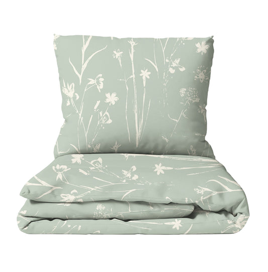 HELDENA Bettwäsche „Grüne Wiese" mit Boho-Blumenmuster in Beige auf Grün, Bettbezug und Kissenbezug