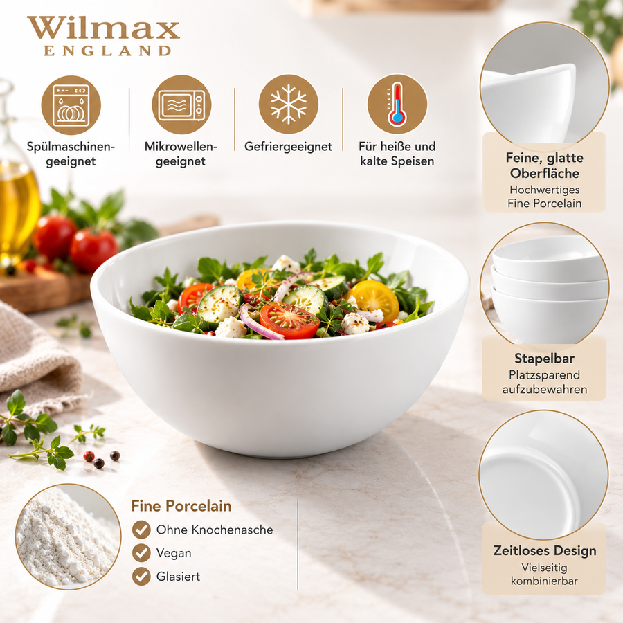 Wilmax Schale 20 cm 1700 ml 2er-Set Weiß Porzellan – Anwendungs- oder Detailansicht; Lieferumfang: 2 Stück
