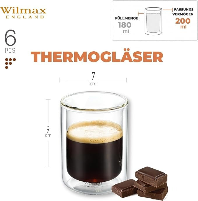 Wilmax Doppelwandiges Glas 200 ml 6er-Set Transparent – Anwendungs- oder Detailansicht; Lieferumfang: 6 Stück
