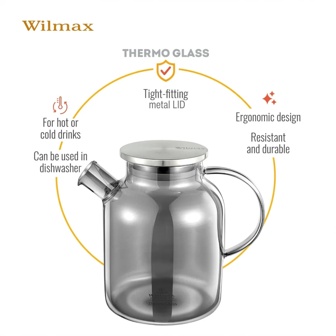 Wilmax Teekanne 1600 ml mit Federfilter und mit Edelstahldeckel Rauchgrau Thermoglas – Anwendungs- oder Detailansicht; Lieferumfang: 1 Stück