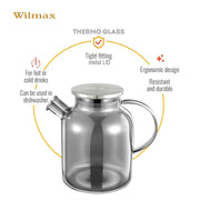 Wilmax Teekanne 1600 ml mit Federfilter und mit Edelstahldeckel Rauchgrau Thermoglas – Anwendungs- oder Detailansicht; Lieferumfang: 1 Stück