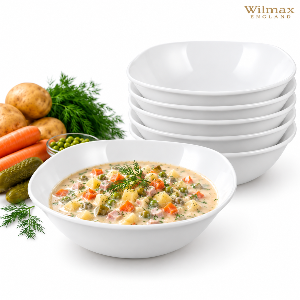 Wilmax Schale 650 ml 16,5 × 16,5 cm 6er-Set Weiß Porzellan – Produktansicht; Lieferumfang: 6 Stück