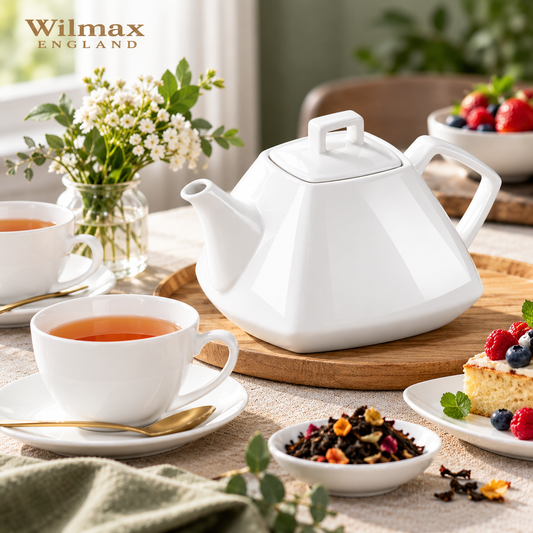Wilmax Kaffee- und Teekanne mit Ausgusssieb 1050 ml Weiß Porzellan – Anwendungs- oder Detailansicht; Lieferumfang: 1 Stück