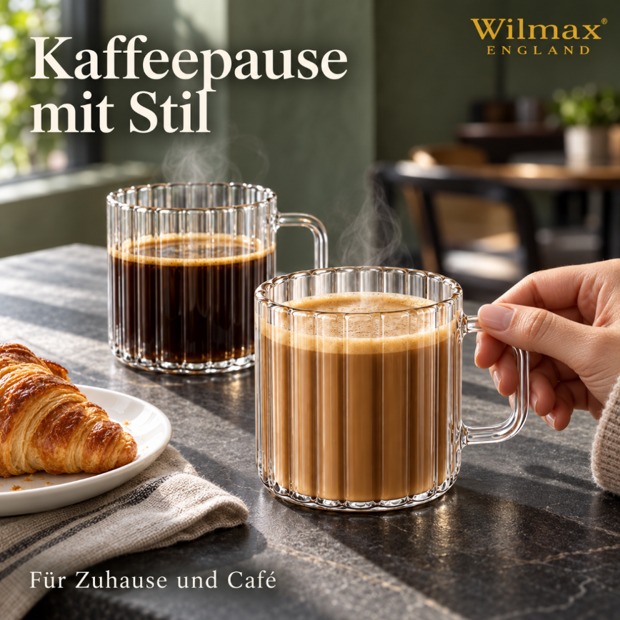Wilmax Hitzebeständige Glastasse mit Henkel 250 ml 6er-Set Glas – Anwendungs- oder Detailansicht; Lieferumfang: 6 Stück
