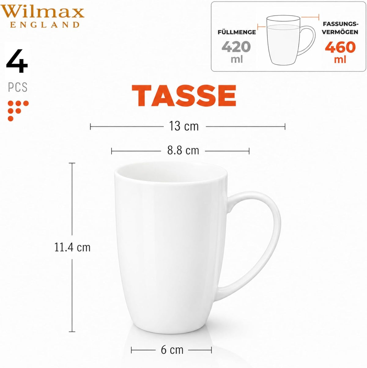 Wilmax Tasse 460 ml 4er-Set Weiß Porzellan – Anwendungs- oder Detailansicht; Lieferumfang: 4 Stück