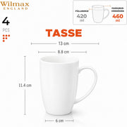 Wilmax Tasse 460 ml 4er-Set Weiß Porzellan – Anwendungs- oder Detailansicht; Lieferumfang: 4 Stück