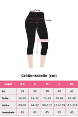Cottonhill Capri-Leggings Größentabelle Größe M: Taille 73–78 cm, Hüfte 98–102 cm, Innenbeinlänge ca. 45 cm