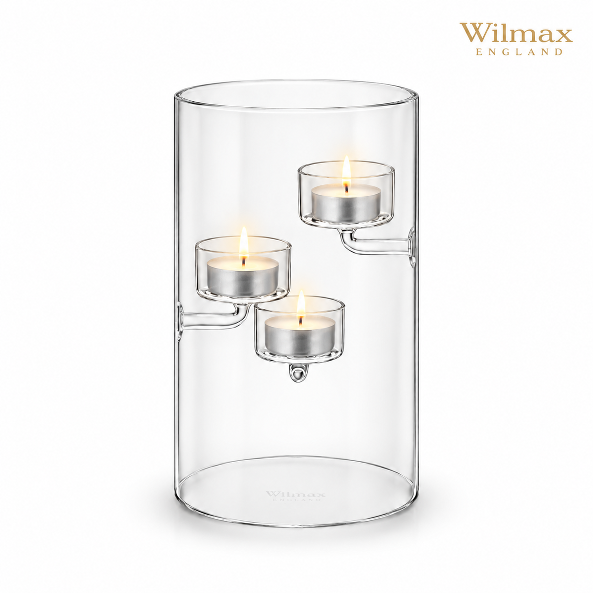 Wilmax Teelichthalter für 3 Teelichter 20 cm Transparent Glas – Produktansicht; Lieferumfang: 1 Stück