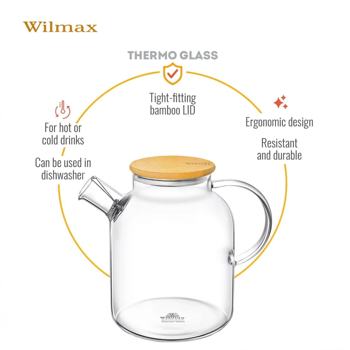 Wilmax Teekanne 1600 ml mit Federfilter und Bambusdeckel Transparent Thermoglas – Anwendungs- oder Detailansicht; Lieferumfang: 1 Stück
