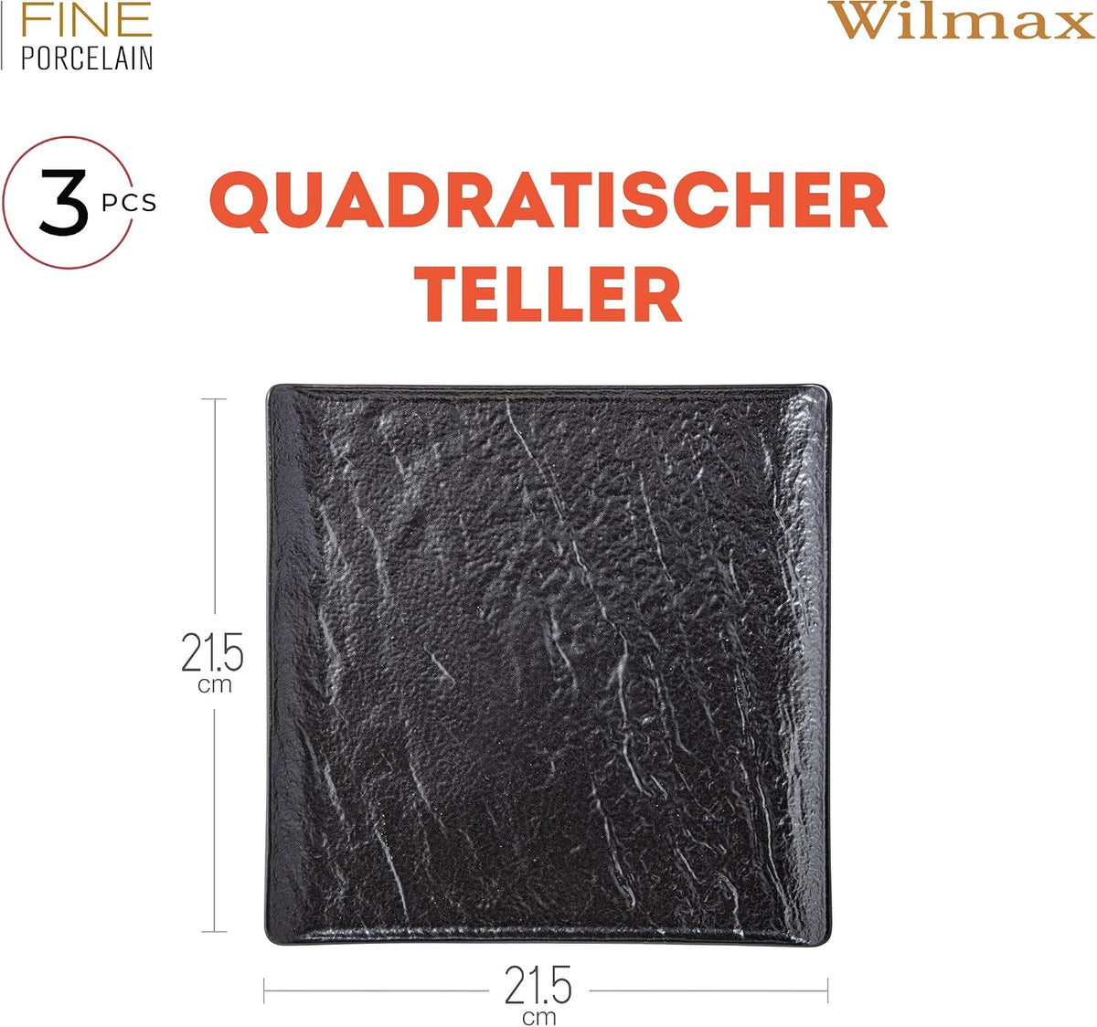Wilmax Quadratische Servierplatte 21,5 × 21,5 cm 3er-Set Schwarz Porzellan – Anwendungs- oder Detailansicht; Lieferumfang: 3 Stück