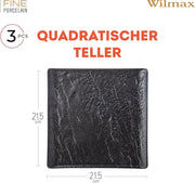 Wilmax Quadratische Servierplatte 21,5 × 21,5 cm 3er-Set Schwarz Porzellan – Anwendungs- oder Detailansicht; Lieferumfang: 3 Stück