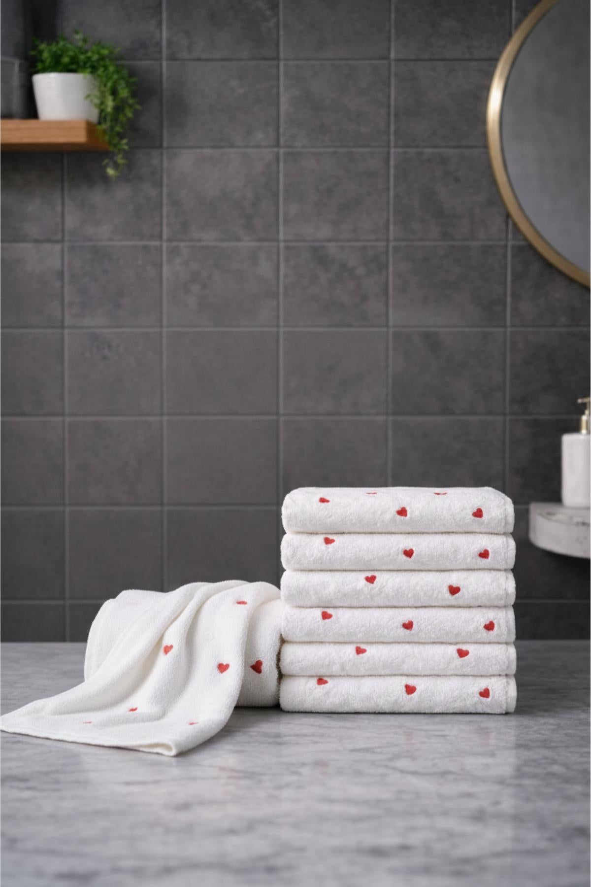 HELDENA Handtücher Set Herz-Stickerei 6er aus 80% Baumwolle elegantes Badezimmer Set