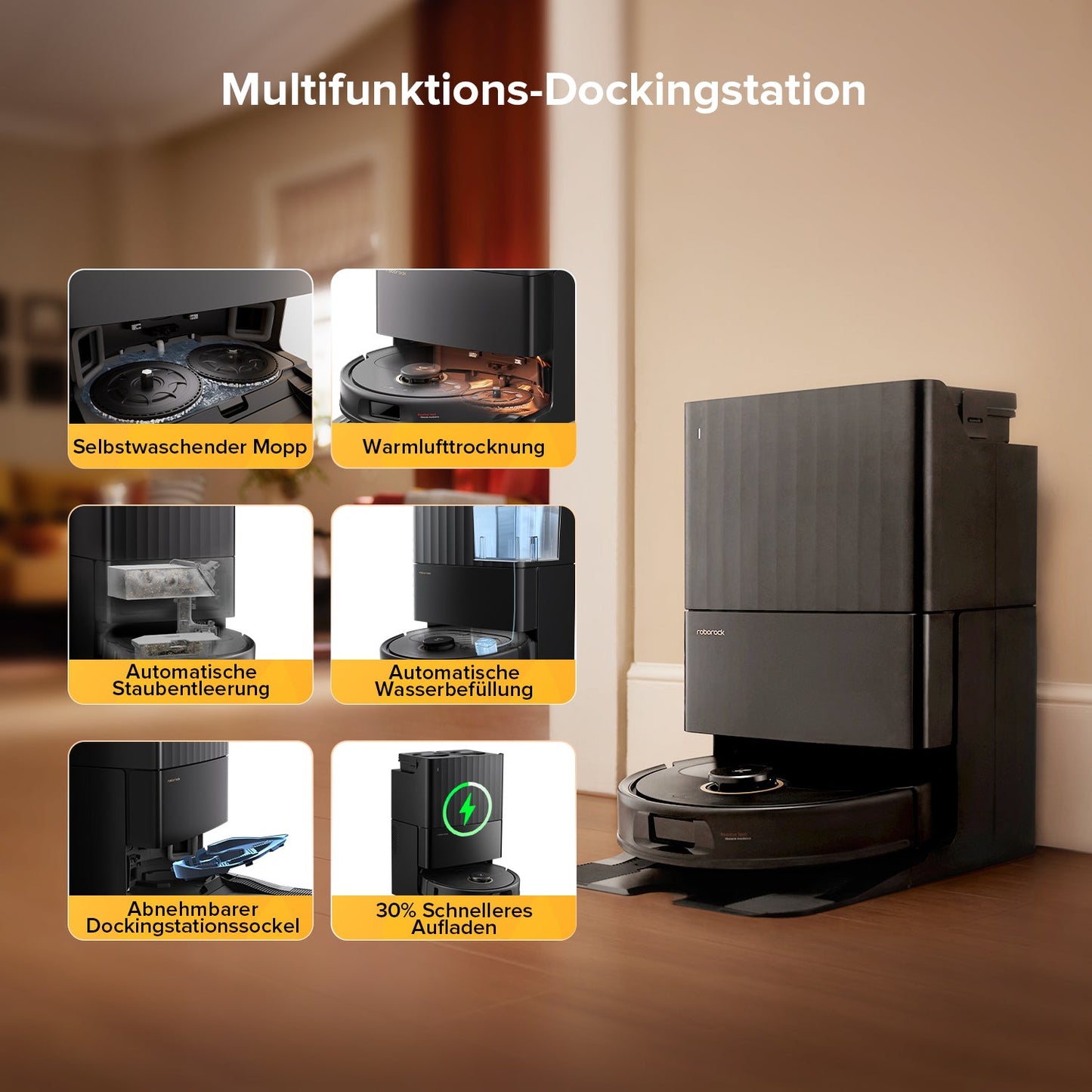 Multifunktions-Dockingstation des Qrevo S5V in Schwarz mit Selbstreinigung und Warmlufttrocknung