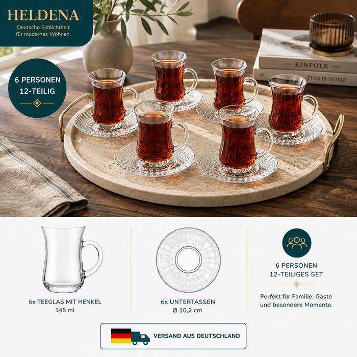 HELDENA Teegläser mit Untertassen 12-tlg. – 6×145 ml + 6×Ø 10,2 cm