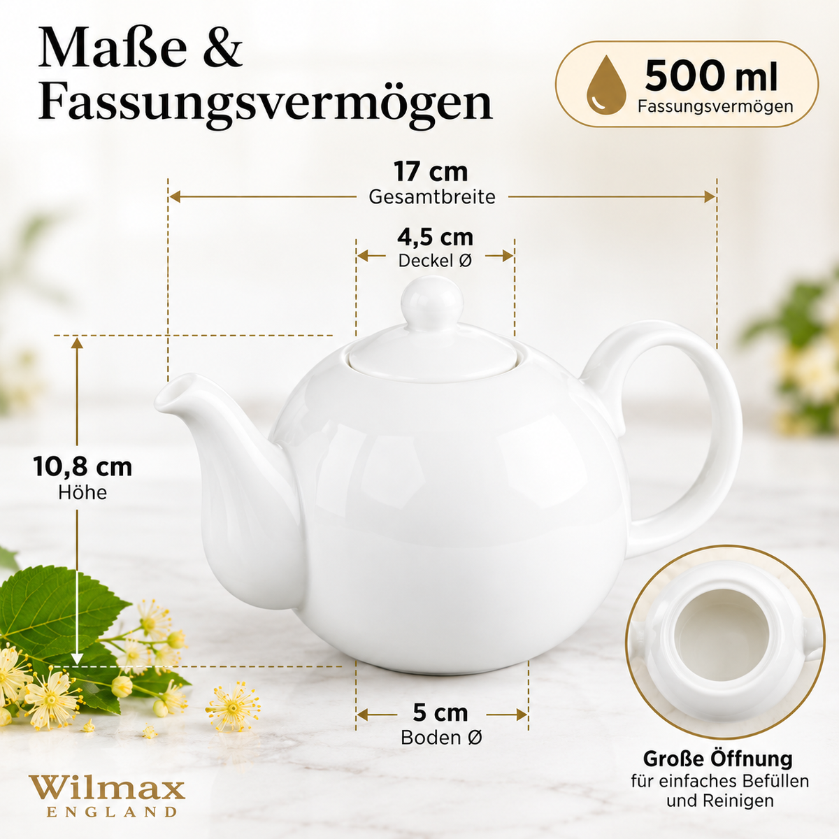 Wilmax Kaffee- und Teekanne mit Ausgusssieb 500 ml Weiß Porzellan – Anwendungs- oder Detailansicht; Lieferumfang: 1 Stück