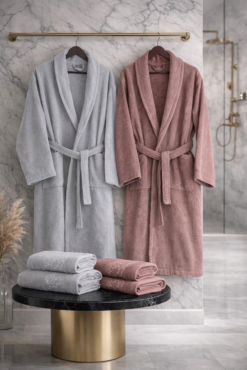 HELDENA Premium Bademantel & Handtuch Set Grau-Puder 6-teilig Baumwolle Jacquard
