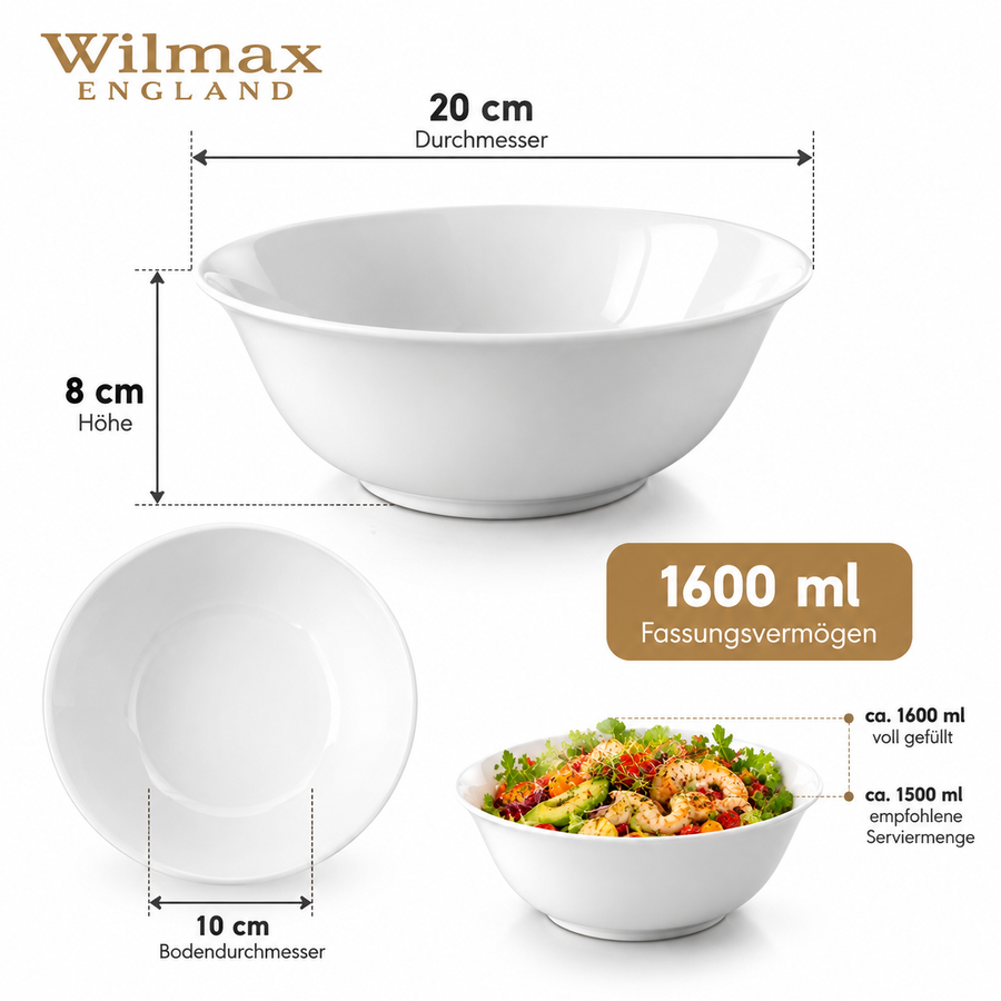 Wilmax Schale 1600 ml 20 cm 2er-Set Weiß Porzellan – Anwendungs- oder Detailansicht; Lieferumfang: 2 Stück