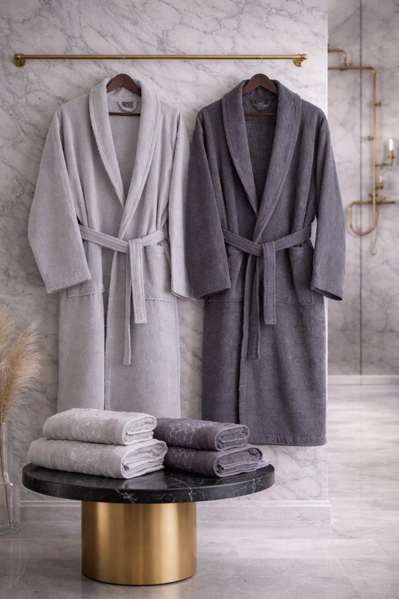 HELDENA Premium Bademantel & Handtuch Set Grau-Anthrazit 6-teilig Jacquard in Geschenkbox