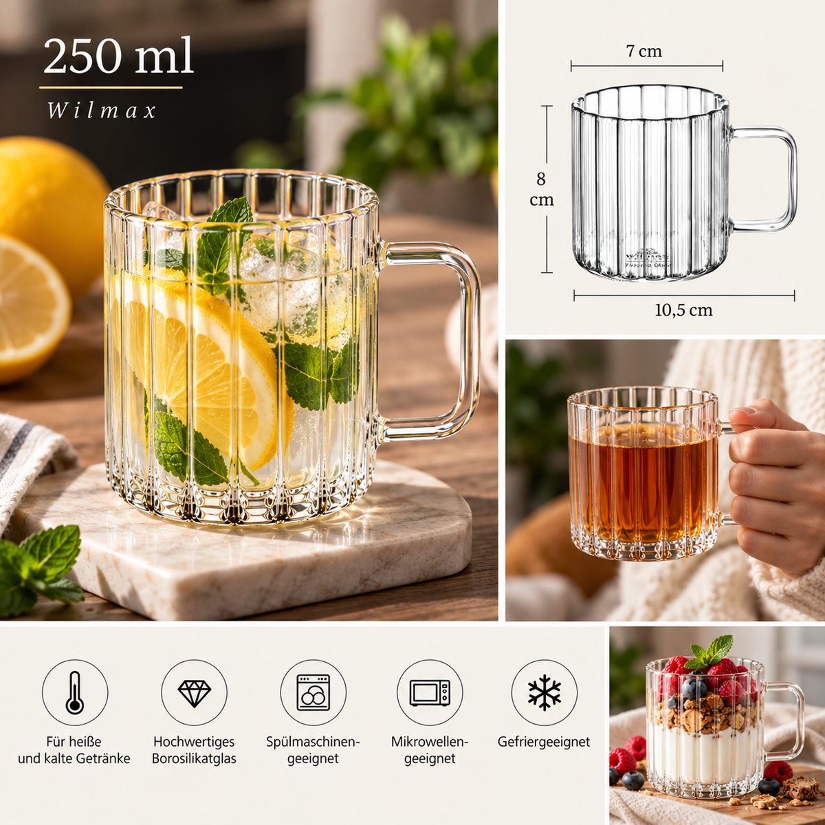Wilmax Hitzebeständige Glastasse mit Henkel 250 ml 6er-Set Glas – Anwendungs- oder Detailansicht; Lieferumfang: 6 Stück