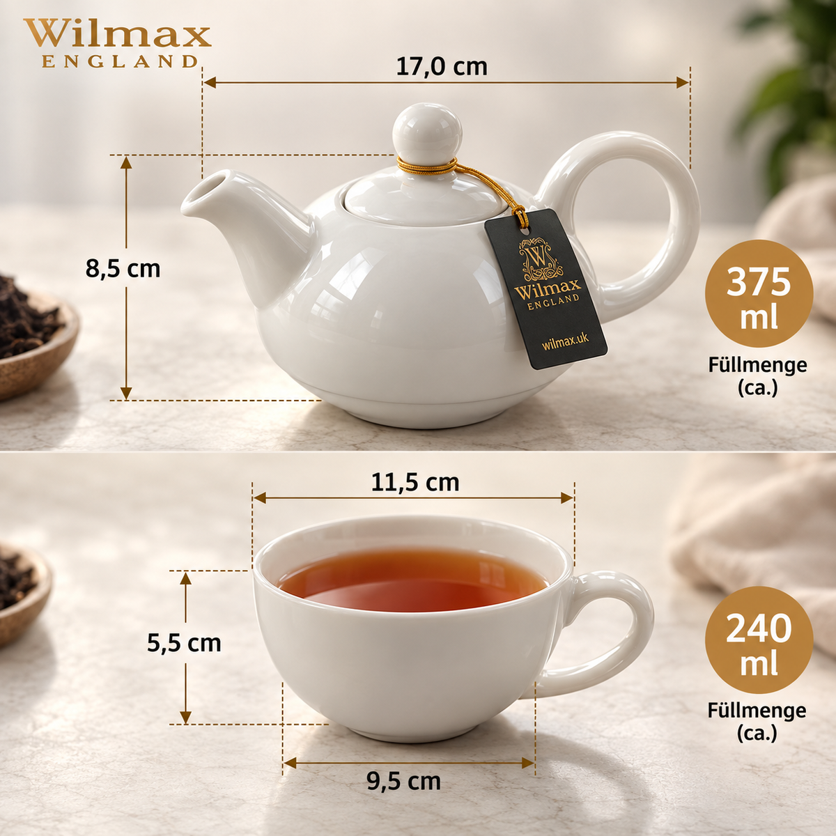 Wilmax Teekannen- und Tassen-Set 375 ml 240 ml Weiß Porzellan – Anwendungs- oder Detailansicht; Lieferumfang: 1 Stück