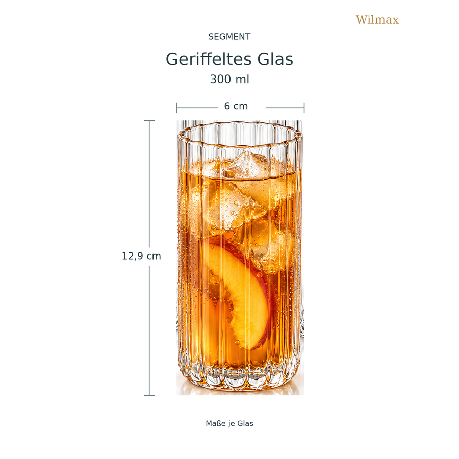 Wilmax Geriffeltes Glas 300 ml 6er-Set Transparent Borosilikatglas – Anwendungs- oder Detailansicht; Lieferumfang: 6 Stück