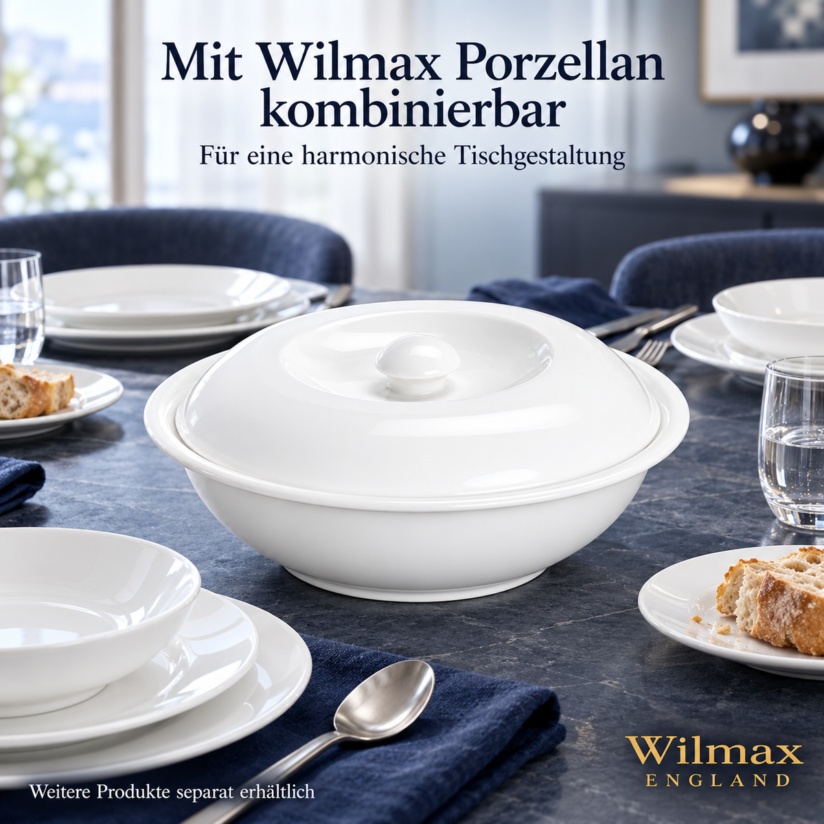 Wilmax Suppenterrine mit Deckel 1700 ml 26 cm Weiß Porzellan – Anwendungs- oder Detailansicht; Lieferumfang: 1 Stück