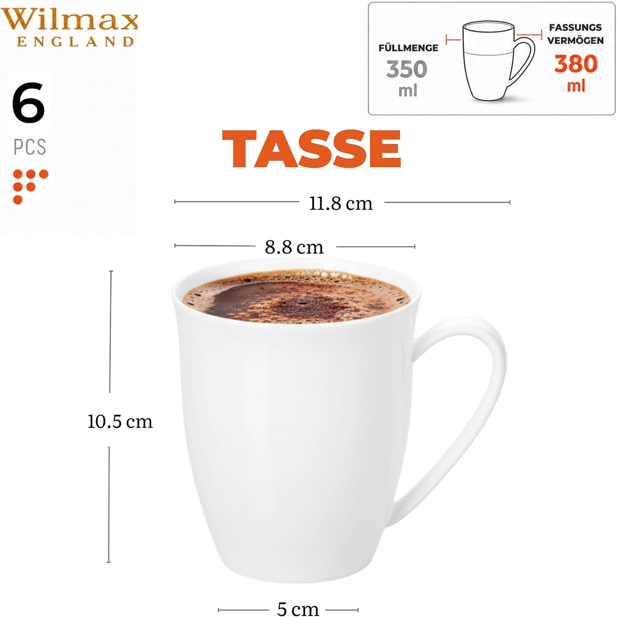 Wilmax Tasse 380 ml 6er-Set Weiß Porzellan – Anwendungs- oder Detailansicht; Lieferumfang: 6 Stück