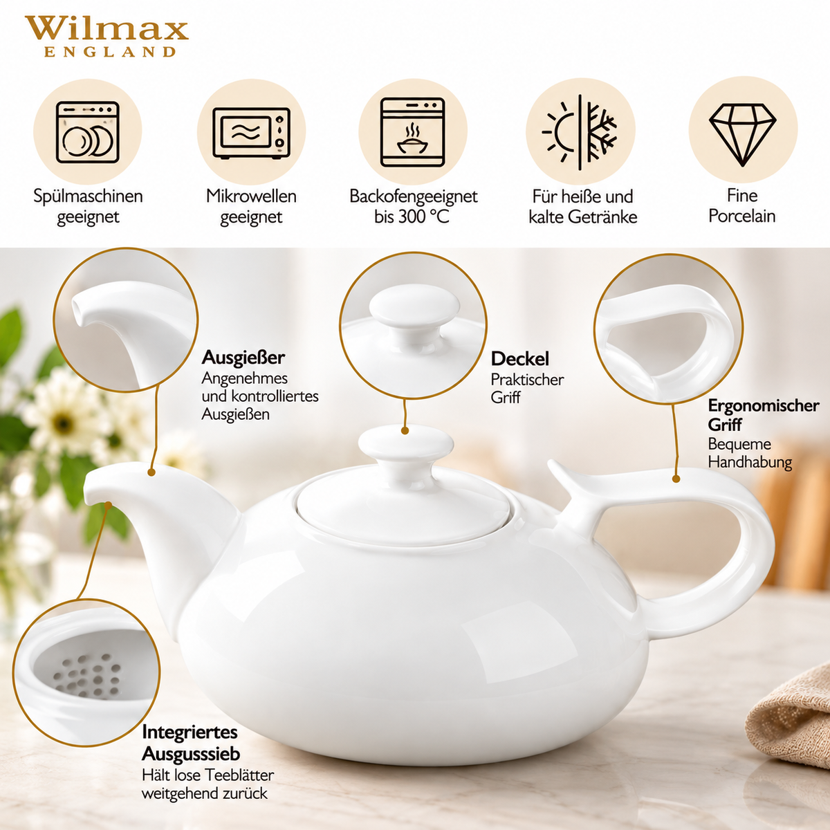 Wilmax Kaffee- und Teekanne mit Ausgusssieb 2250 ml Weiß Porzellan – Anwendungs- oder Detailansicht; Lieferumfang: 1 Stück