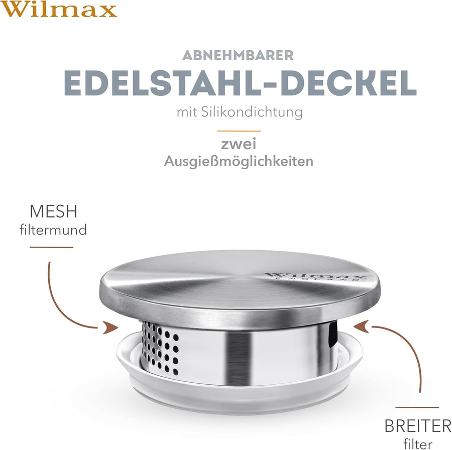 Wilmax Krug 2500 ml mit Edelstahldeckel und Filter Transparent Thermoglas – Anwendungs- oder Detailansicht; Lieferumfang: 1 Stück