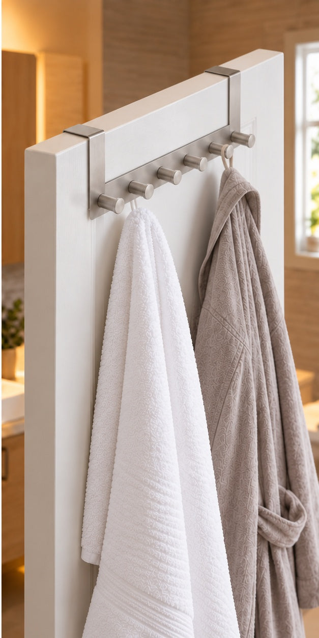 HELDENA Türgarderobe Edelstahl – 6 Haken, 39 cm, Detailansicht an der Tür