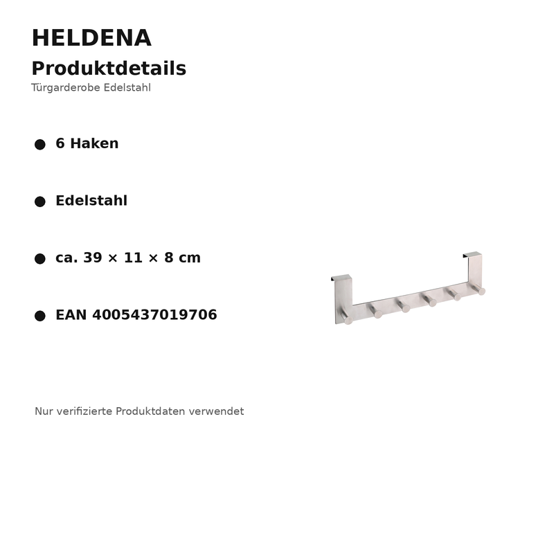 HELDENA Türgarderobe Edelstahl – Detailgrafik mit Produktmerkmalen