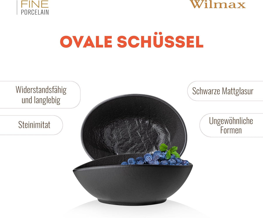 Wilmax Ovale Schale 19 × 15 × 6 cm 3er-Set Schwarz Porzellan – Anwendungs- oder Detailansicht; Lieferumfang: 3 Stück