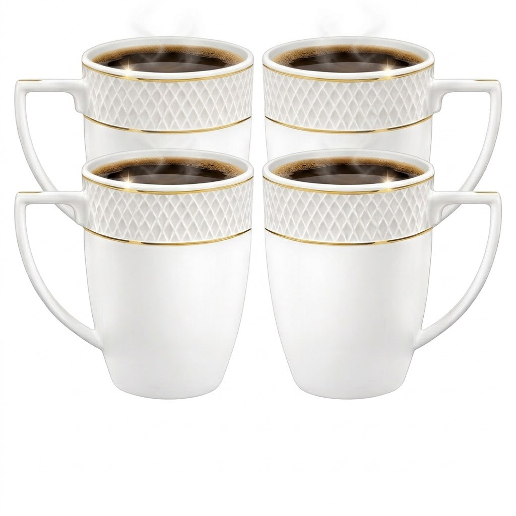 Wilmax Tasse 450 ml 4er-Set Weiß mit goldfarbenem Dekor Porzellan – Produktansicht; Lieferumfang: 4 Stück