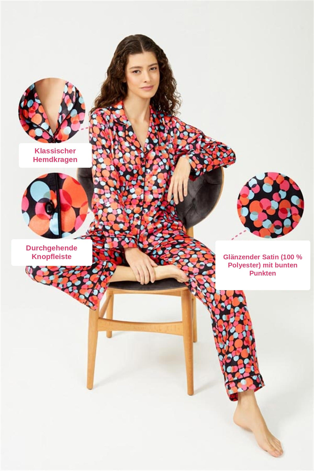 Cottonhill Satin-Pyjama bunt gepunktet, sitzend – Details Hemdkragen, Knopfleiste und glänzender Satin